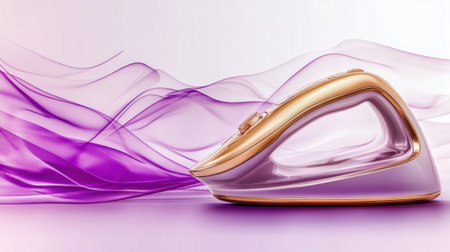 A sleek and modern iron positioned stylishly against a soft purple wave background, showcasing innovation in design and home efficiency. Perfect for any aesthetic.の素材