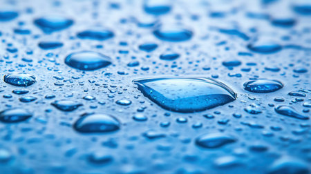 A captivating close-up of water droplets resting on a smooth blue surface, showcasing beautiful reflections and textures, perfect for various themes.の素材