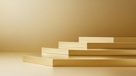 This image features elegant golden stacked platforms illuminated by soft light, creating a luxurious atmosphere perfect for presentations or displays.の素材