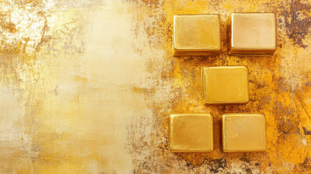 This image showcases five gleaming gold bars arranged on a textured golden background, symbolizing wealth, luxury, and financial success. Perfect for themes related to investment and opulence.の素材