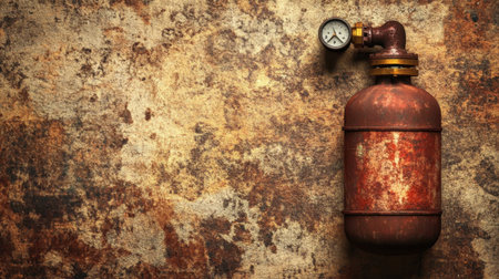 A rusty gas cylinder prominently displayed with a pressure gauge, set against a textured background that evokes an industrial feel for various applications.の素材