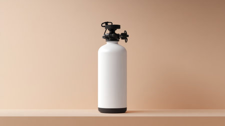 This image features a white gas tank with a sleek design positioned on a minimalist shelf against a smooth beige background, emphasizing modern industrial aesthetics.の素材