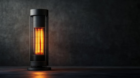 A sleek modern electric heater emits a warm glow in a dark room, creating a cozy atmosphere. Ideal for home interiors and stylish decor enhancements.の素材