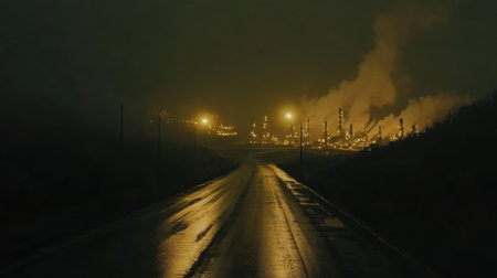 A dark and atmospheric industrial landscape at night, showcasing a wet road reflecting light from smokestacks and city lights, creating an eerie ambiance.の素材