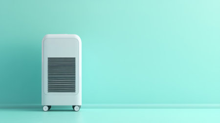 This image features a modern portable air conditioner situated against a minimalist mint green wall, showcasing an elegant design perfect for contemporary interiors.の素材