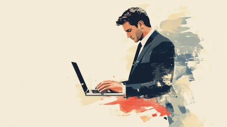 A stylish professional man in a suit intently works on his laptop, embodying focus and creativity against an artistic abstract backdrop in modern work culture.の素材