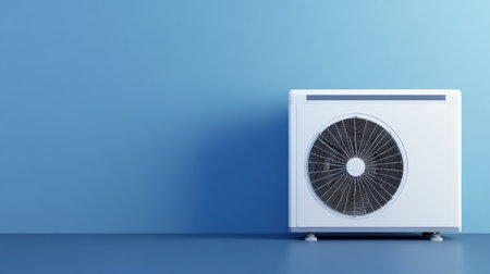 A sleek air conditioning unit stands on a blue surface against a matching wall, ideal for enhancing comfort in modern indoor environments.の素材