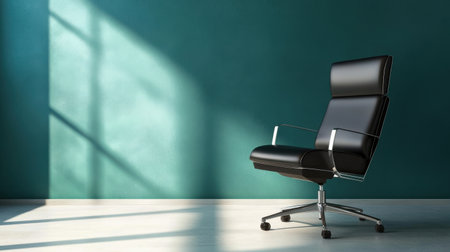 A stylish black leather office chair sits in a minimalist workspace featuring a green wall. Natural light creates inviting shadows, enhancing the serene ambiance.の素材