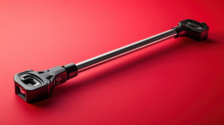 A striking image of a silver industrial tool resting on a vivid red background, perfect for showcasing innovation and engineering in photography.の素材
