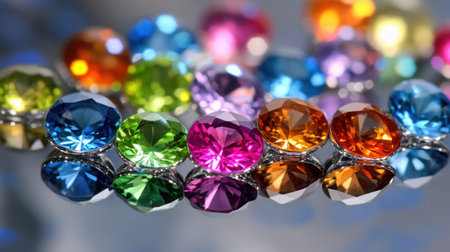 A stunning arrangement of vibrant, colorful gems displayed on a reflective surface, showcasing their intricate cuts and dazzling sparkle. Perfect for design inspiration.の素材