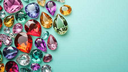 A stunning array of colorful gemstones showcases various shapes and sizes, perfect for jewelry design and artistic projects, set against a soft blue background.の素材