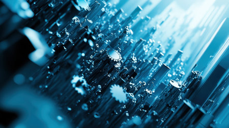 This abstract image showcases a metallic landscape filled with gleaming gears and cylinders, bathed in cool blue tones. The intricate details and reflective surfaces create a futuristic and innovative atmosphere, perfect for technology-related themes.の素材