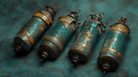 This image showcases a collection of vintage industrial pressure tanks displaying rust and patina on a textured teal background, ideal for art and design projects.の素材
