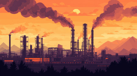A captivating industrial landscape during sunset featuring smokestacks emitting smoke against a backdrop of mountains. The atmospheric scene highlights the interplay of industry and nature.の素材