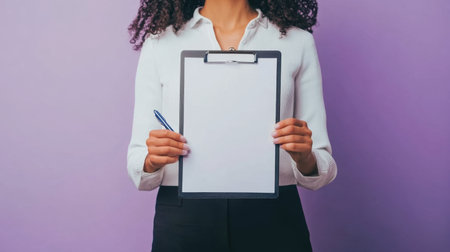 A professional woman stands confidently holding a blank clipboard against a vibrant purple background, ideal for showcasing business ideas and creativity.の素材