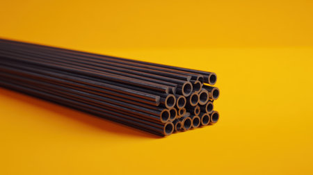 A captivating arrangement of black plastic straws against a bright yellow background, highlighting design, texture, and color contrast ideal for modern visuals.の素材