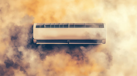 This image features a modern air conditioning unit set against an artistic backdrop of billowing smoke, demonstrating the importance of cooling technology in enhancing indoor comfort.の素材