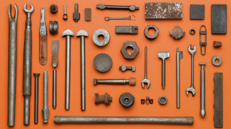 A vibrant collection showcasing various metal tools and hardware arranged neatly over a bright orange background, ideal for crafts, designs, and DIY projects.の素材