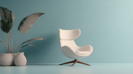 This image showcases a modern minimalist interior featuring a sleek white chair alongside elegant greenery against a calming blue wall, perfect for inspiration.の素材