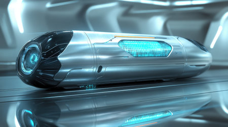 This image showcases a sleek futuristic pod design featuring glowing blue accents, set against a modern sci-fi backdrop, ideal for tech and innovation themes.の素材