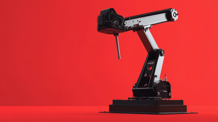This image features a sleek robotic arm against a vibrant red background, symbolizing modern technology and innovation in automation and engineering fields.の素材