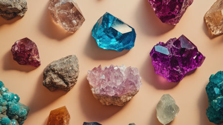 A captivating arrangement of colorful gemstones and crystals on a soft pink background. The natural textures and vibrant hues create a stunning visual display, ideal for decorative purposes.の素材