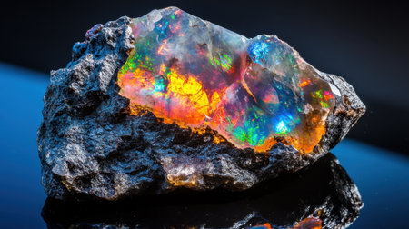 An awe-inspiring close-up of a raw opal stone showcasing brilliant reflections and rich colors against a sleek black background.の素材