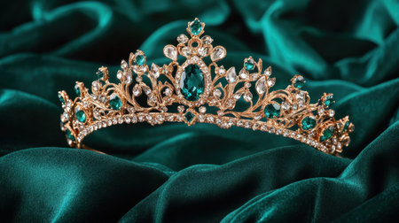 An exquisite golden tiara adorned with emeralds and diamonds rests elegantly on soft green silk fabric, embodying luxury and sophistication in design.の素材