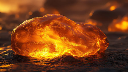 A mesmerizing image of a glowing orange lava rock resting on a dark surface, showcasing intricate textures and a warm, fiery glow.の素材