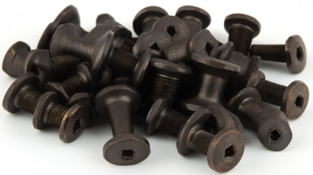 A collection of dark hex head bolts displayed against a white background, highlighting their rugged design and utility for various industrial applications.の素材