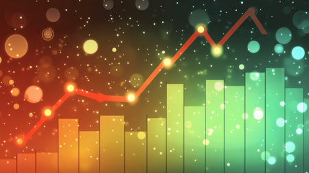 This vibrant abstract image showcases a dynamic growth chart with colorful bars and trend lines, ideal for business and finance discussions or presentations.の素材