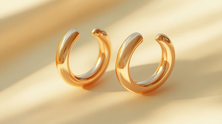 This image showcases a pair of elegant gold hoop earrings resting on a soft yellow background, beautifully reflecting natural light, perfect for fashion or accessory themes.の素材