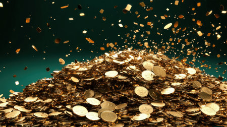 A stunning visual of a mound of gold coins shimmering against a dark backdrop, creating a sense of wealth and prosperity with captivating sparkles.の素材