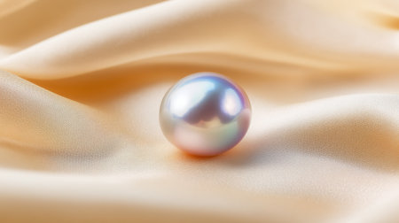 A stunning close-up of a luminous iridescent pearl resting on soft silk fabric, showcasing its natural beauty and elegance in gentle light.の素材