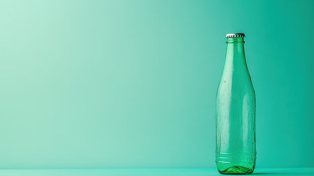 This image features a glass beverage bottle on a stunning teal background, highlighting its clean lines and modern aesthetic, perfect for design use.の素材