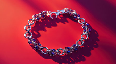 This stunning silver bracelet adorned with vibrant purple gemstones sits elegantly against a red background, highlighting its intricate design and luxury appeal.の素材
