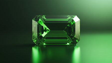 This high-quality image features a brilliant cut emerald gemstone, showcasing its vibrant green color and intricate facets against a dark backdrop, perfect for highlighting luxury.の素材