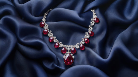 This stunning ruby necklace featuring exquisite diamond accents is beautifully draped over elegant navy silk, showcasing luxury and sophistication.の素材