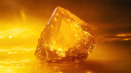 A stunning yellow gemstone radiates light, reflecting a mesmerizing glow on a calm surface, creating an enchanting and tranquil ambiance.の素材