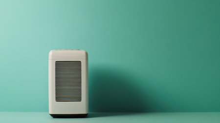A modern air purifier in a soft white finish stands against a tranquil turquoise backdrop, ideal for enhancing interior spaces and promoting healthy living.の素材