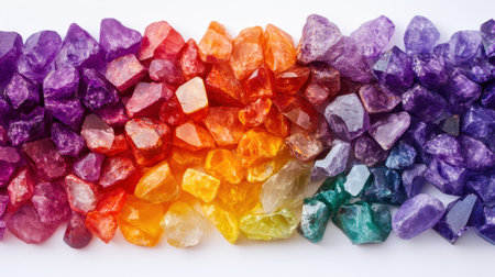 A stunning collection of natural crystals arranged in a beautiful rainbow spectrum showcases their vibrant colors, unique shapes, and textures, perfect for decor.の素材