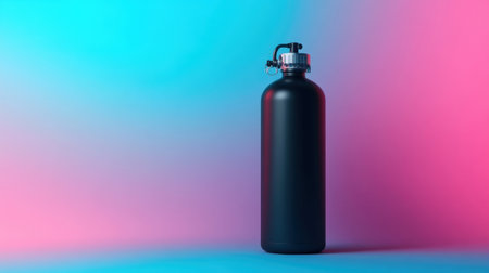 A sleek black water bottle stands against a vibrant gradient background blending blue and pink hues, perfect for fitness enthusiasts and hydration lovers.の素材