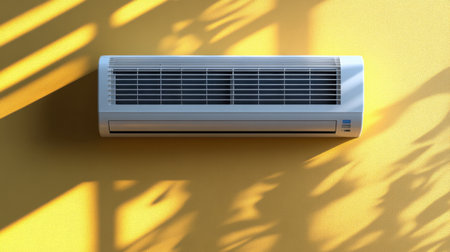 A sleek air conditioning unit mounted on a bold yellow wall creates a stunning visual with shadows from nearby plants, showcasing modern home comfort solutions.の素材