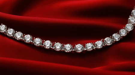 This stunning image features an elegant diamond necklace displayed on luxurious red fabric, highlighting the intricate design and sparkling brilliance, perfect for jewelry enthusiasts.の素材
