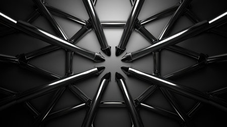 This striking abstract design features black pencils arranged in a symmetrical star shape against a dark background, creating a bold visual impact.の素材