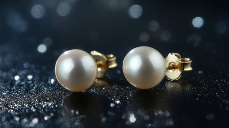 Stunning close-up of elegant pearl earrings set against a glittering background, highlighting the luxury and sophistication of fine jewelry for any occasion.の素材