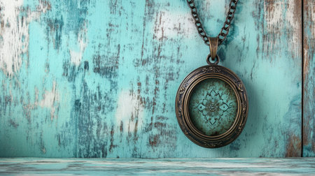 A stunning vintage bronze pendant necklace featuring an intricate design, beautifully contrasted against a weathered blue wooden background, perfect for showcasing elegance and charm.の素材