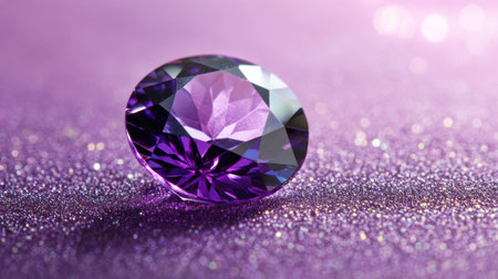 A stunning close-up view of a faceted purple gemstone resting on a sparkling surface. The soft bokeh background enhances the gem's rich color and brilliance.の素材