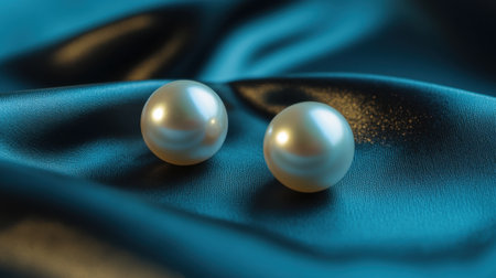 This image showcases two elegant pearls resting on luxurious teal satin fabric, highlighting their beauty with soft reflections and stunning color contrast.の素材