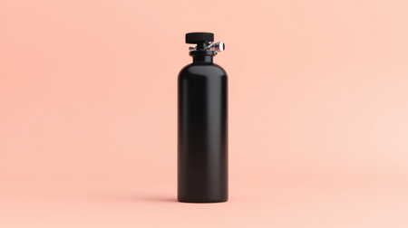 A sleek black steel water bottle stands against a soft pastel pink background, symbolizing modern fitness and lifestyle trends while promoting hydration and style.の素材